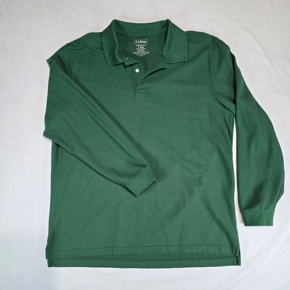 LL Bean Mens Long‎ Sleeve Polo Shirt Green Cotton Traditional Fit Large 300459